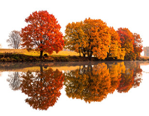 Trees in vibrant autumn colors reflected in still water, set against a field and a dark backdrop