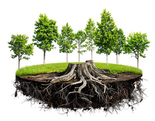 Trees stand above ground roots; green lawn. Isolated on black; section of earth