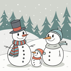 A family of snowmen enjoys a snowy day in a winter wonderland landscape