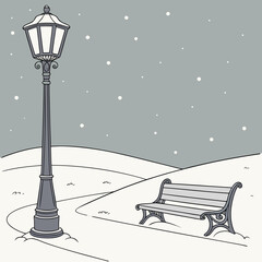 A winter scene with a lamppost and a bench