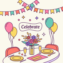 Celebration table setting with balloons, flowers, and party decorations