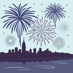 City skyline with fireworks display