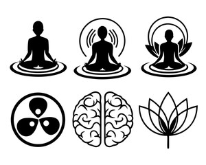 Collection of yoga and meditation themed vector icons and symbols