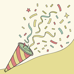 Colorful confetti explosion from a party popper on a beige background