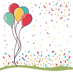 Colorful balloons and confetti floating in the air