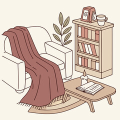 Comfortable reading corner with armchair, bookshelf, and candle