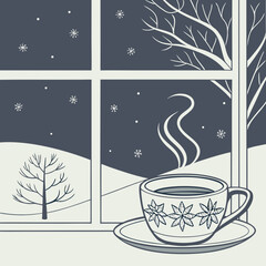 Cozy winter scene with hot drink by the window