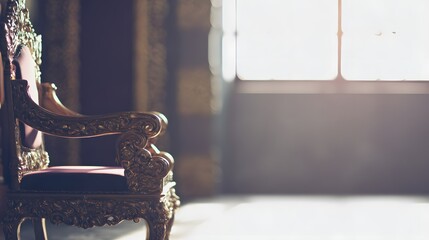 throne. Empty ornate throne in grand hall with soft side lighting and shallow depth of field. real-estate listings.