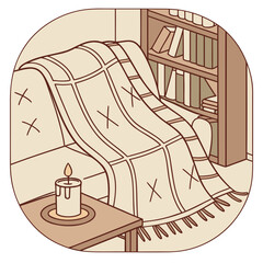 Cozy reading nook with blanket, bookshelf, and candle