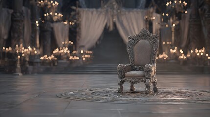 throne. Empty ornate throne in grand hall with soft side lighting and shallow depth of field. real-estate listings.