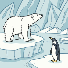 Illustration of a polar bear and penguin on ice
