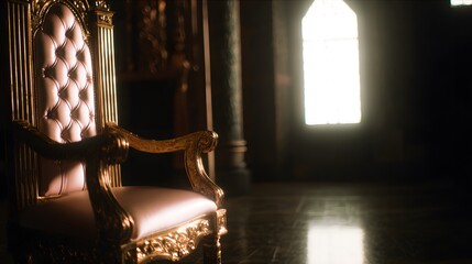 throne. Empty ornate throne in grand hall with soft side lighting and shallow depth of field. real-estate listings.