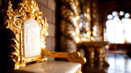throne. Empty ornate throne in grand hall with soft side lighting and shallow depth of field. real-estate listings.