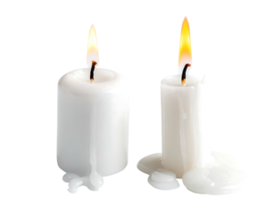 Two lit white candles with partially melted wax on a black background, casting a warm glow from their flames