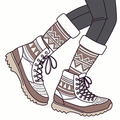 Illustration of white winter boots with patterned socks