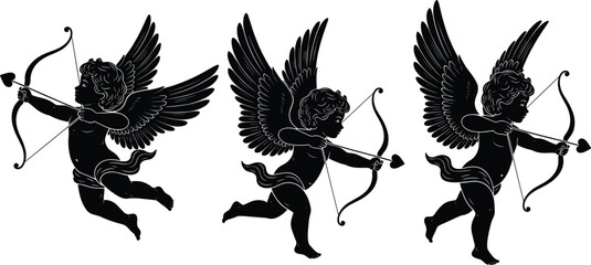 Black cupid angel silhouettes flying with bow and arrow, romantic love vector illustration symbolizing Valentine’s Day, affection, and classic art design