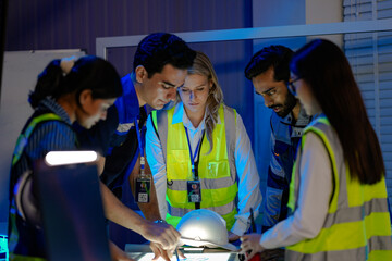 n Indian engineer uses a radio for incident response in a smart factory. His female colleague in a safety vest checks AI system data on a glowing panel in the command center.