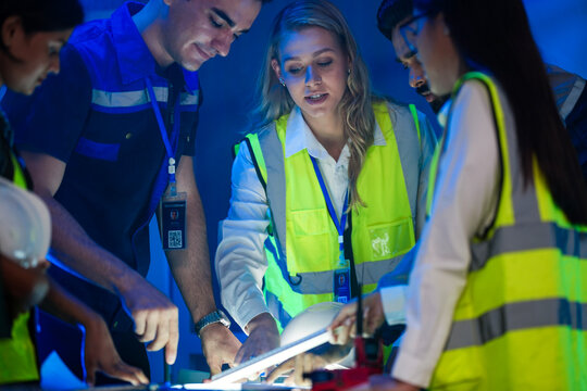 A large logistics team reviews supply chain blueprints. The diverse group, including an Indian woman with a hardhat, plans a new AI strategy for smart factory optimization.