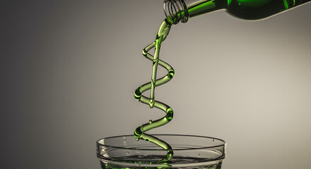 Green liquid pouring from bottle into glass creating spiral shape.