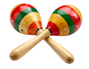 Two maracas crossed, featuring vibrant red, green, and yellow stripes on a wooden base with white dots