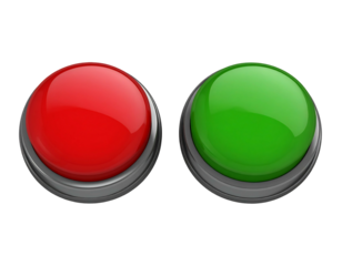 Two glossy, round buttons, one red and one green, sit side by side on a black background, encased in grey frames