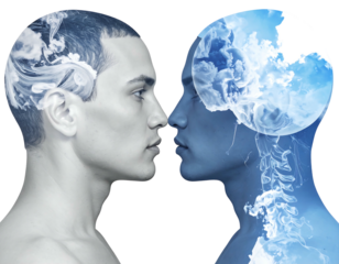 Two profiles face each other; head of one filled with smoke, the other with blue sky, brains, and skeleton