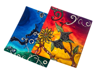 Two colorful abstract art pieces displaying swirling organic shapes and vibrant gradients against a black background