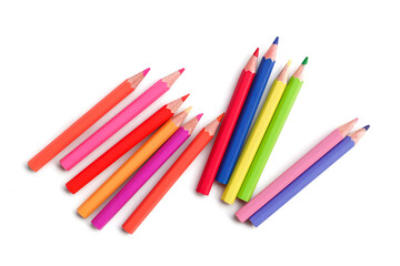 Many colorful pencils on white background