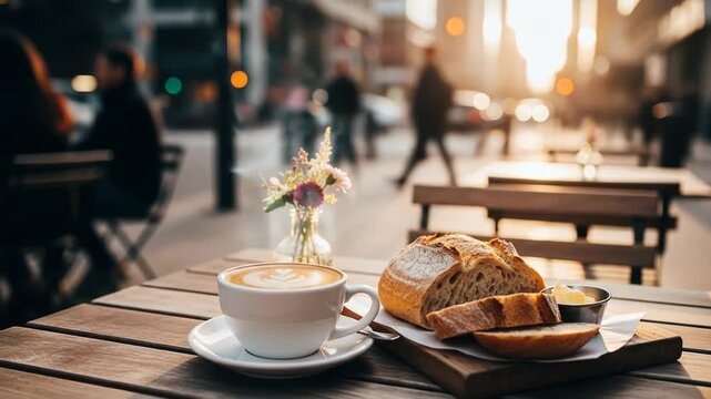 A cozy outdoor cafe scene with bread, coffee, flowers, and bustling city street in background
