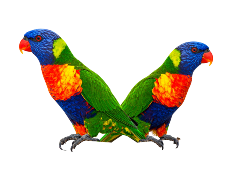 Two colorful lories facing each other against a black backdrop, showcasing vibrant plumage in reds, greens, blues, and yellows