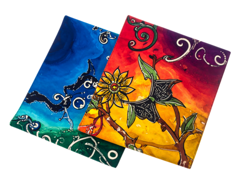 Two colorful abstract art pieces displaying swirling organic shapes and vibrant gradients against a black background