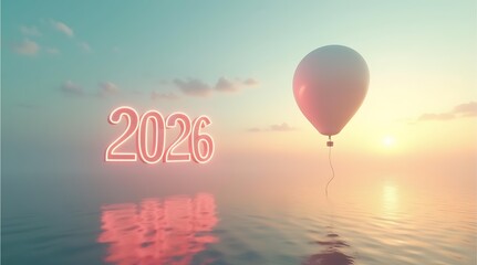 Fototapeta premium Neon 2026 Floating Over Water at Sunset, Dreamlike New Year Scene with Balloon and Reflections, Tranquil Futuristic Landscape.