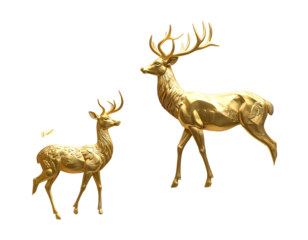 Two golden deer, a small fawn and adult buck, stand isolated on a black background, lit for metallic shine