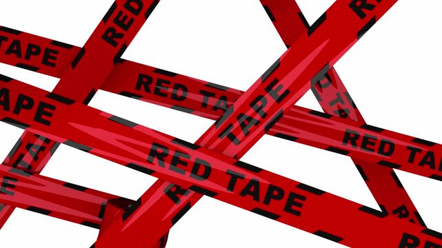 Red tape warning rolling across the screen from different directions. Metaphor for the meaningless bureaucracy of over regulation or frustration caused by needless obstacles. Alpha mask. 3d render.