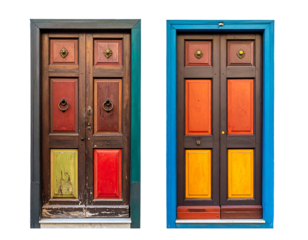 Two colorful, wooden doors with multiple rectangular panels. One with blue frame, other black. Isolated on black