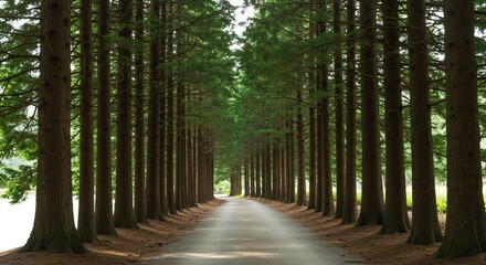 Straight serene path framed by towering green forest pines forming a natural tunnel as gentle daylight illuminates the way. AI Generated