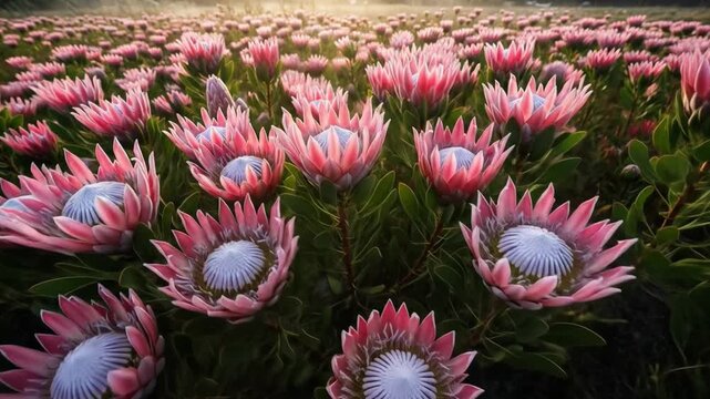 A field of protea flowers with pink petals  purple centers dominates the view under soft light