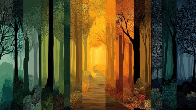 Abstract forest landscape with changing seasons, vibrant colors, and a path leading into the light.