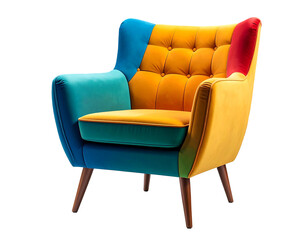 Vibrant armchair with patchwork design in blue, yellow, and red, isolated on a black background