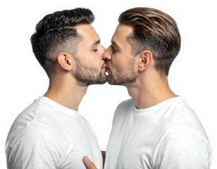 Two men kissing, close-up shot, wearing white t-shirts on a transparent background