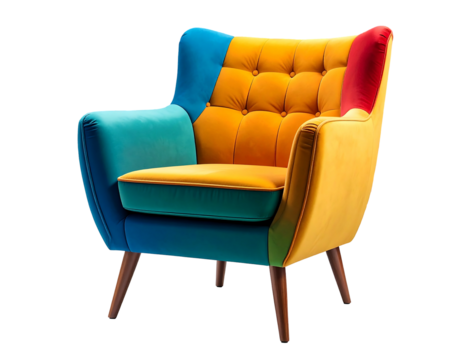 Vibrant armchair with patchwork design in blue, yellow, and red, isolated on a black background