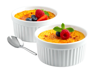 Two cr?me br?l?e desserts in white ramekins, topped with berries, next to a spoon, set against a transparent backdrop