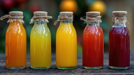 Five small glass bottles with cork stoppers, filled with a vibrant rainbow of fresh juices, lined up on a wooden table with a natural, blurred green background. Health and wellness concept