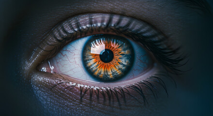 Intense eye gaze reveals intricate details of the iris and pupil.