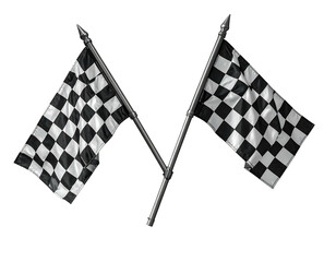 Fototapeta premium Two crossed checkered flags, waving gently against a black backdrop, suggest speed, victory, and the end of a race