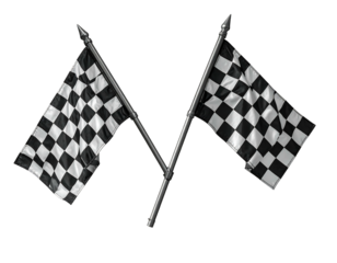 Two crossed checkered flags, waving gently against a black backdrop, suggest speed, victory, and the end of a race