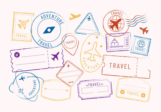 Colorful Travel Themed Stamp Design Set