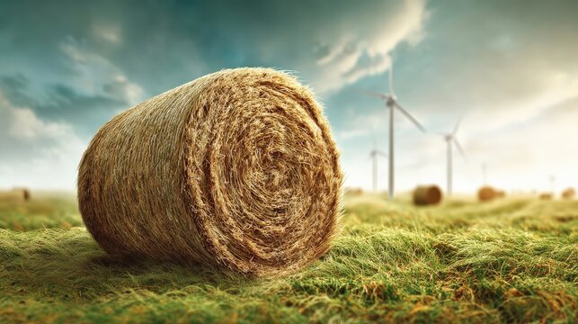 A hay bale sits in a lush green field, with wind turbines in the background under a dramatic sky.