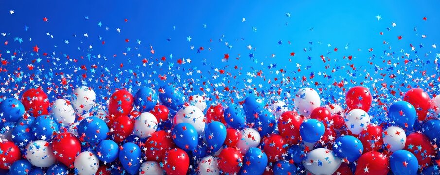A vibrant scene of red, white, and blue balloons with scattered stars against a bright blue background, evoking celebration and festive spirit.