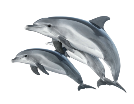 Two gray dolphins leap against a black background, appearing close and intimate in a stylized watercolor rendition
